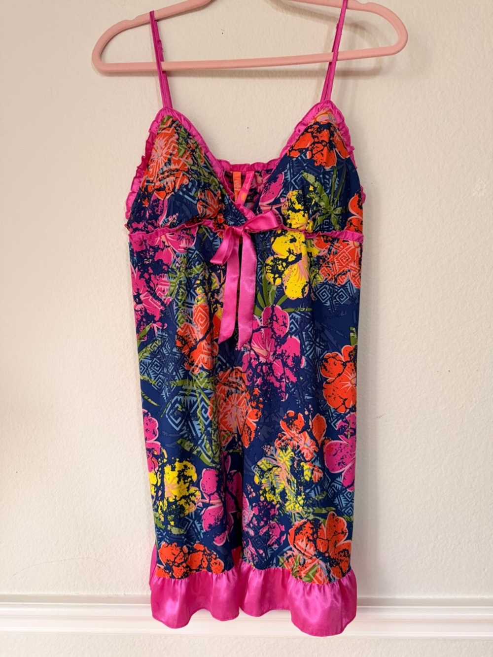 Y2K Tropical Satin Babydoll Nightie Hot Pink Ruffle Slip‎ Dress L